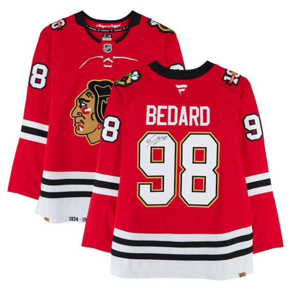 Connor Bedard Chicago Blackhawks Autographed Fanatics Authentic 2025 Red Centennial Season Fanatics Premium Jersey