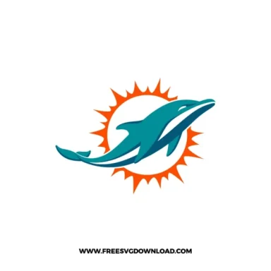 Miami Dolphins logo with an aqua dolphin jumping in front of an orange sunburst.